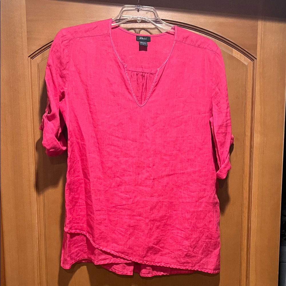 Pure Amici  Bright Pink V-Neck Roll-Tab Tunic